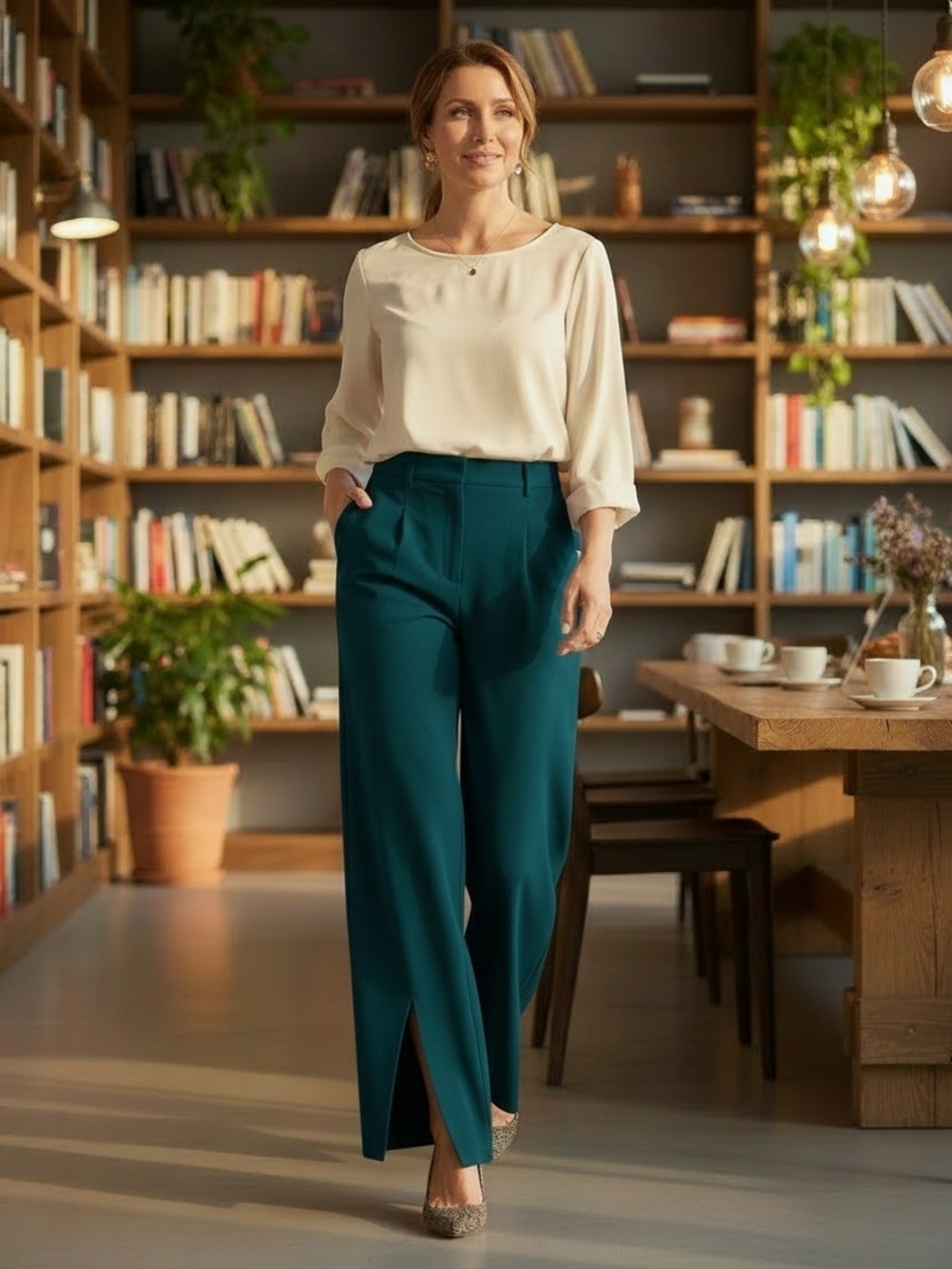 Happily Grey | Wide-Leg Split Front Hem Pants in Teal
